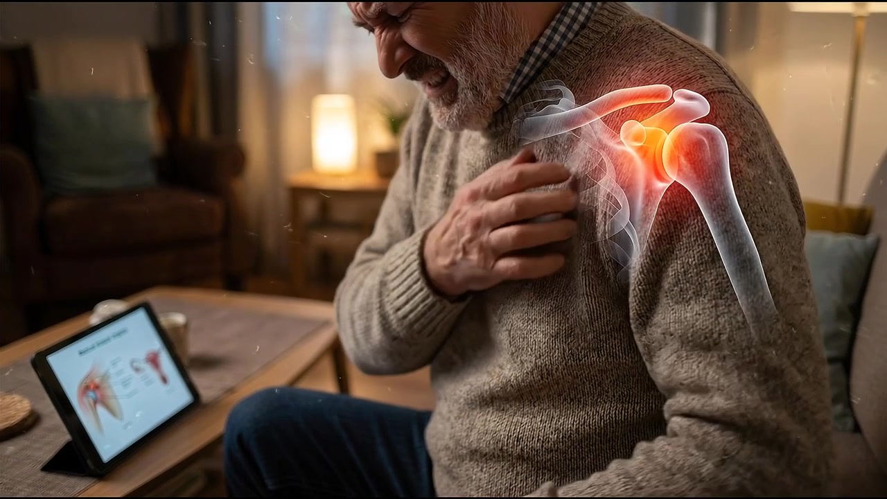Uomo anziano che prova dolore alla spalla con visualizzazione medica