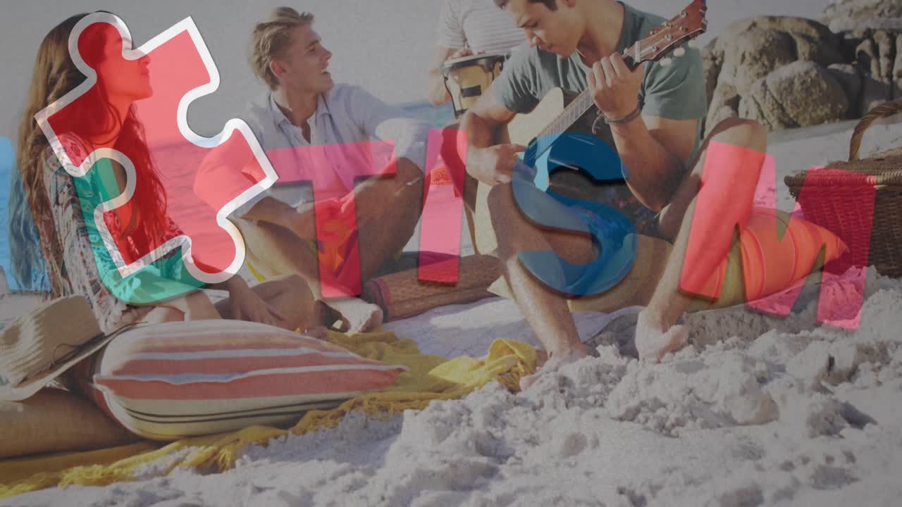여름 해변 파티에서 행복한 친구들 위에 다채로운 퍼즐 조각과 자폐증 텍스트의 애니메이션