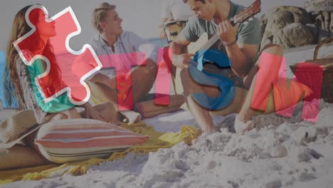 animación de coloridas piezas de rompecabezas y texto de autismo sobre amigos felices en una fiesta de playa de verano