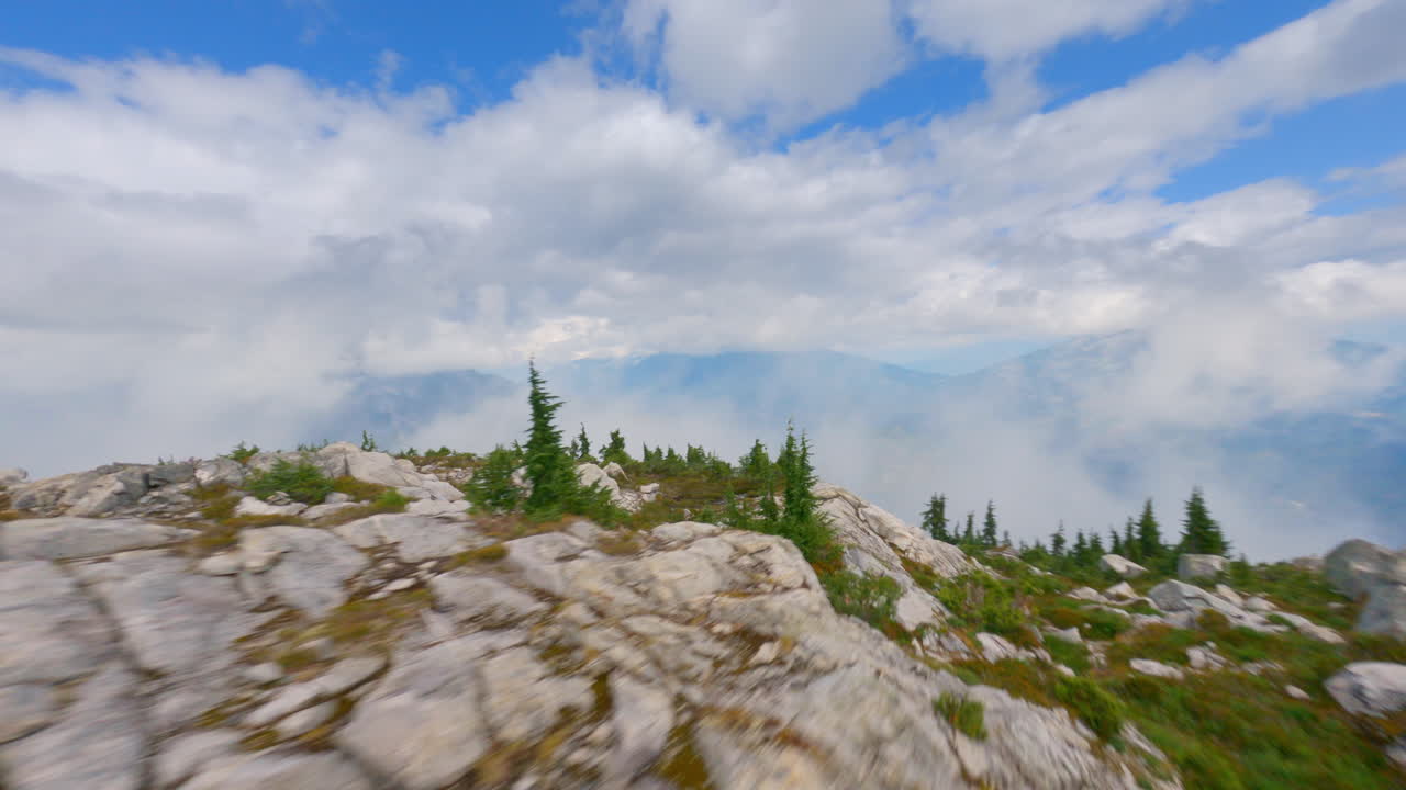 Pini verdi lussureggianti su un pendio montuoso roccioso con nuvole basse a Squamish, Columbia Britannica, Canada