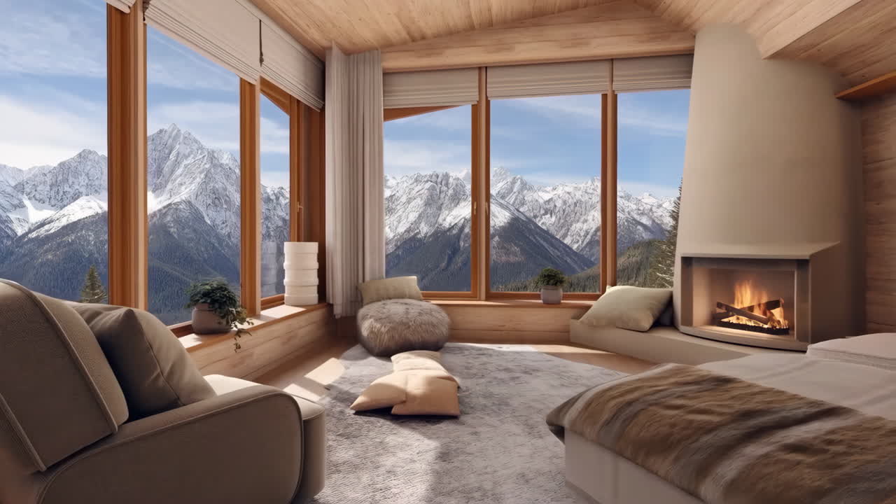 A cozy Scandinavian bedroom with a mountain view