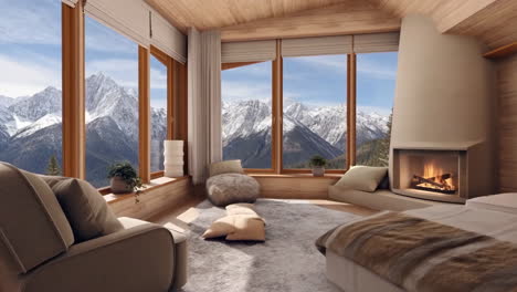 a cozy scandinavian bedroom with a mountain view
