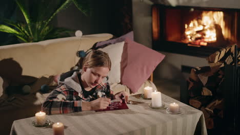 girl creating a card by the fireplace