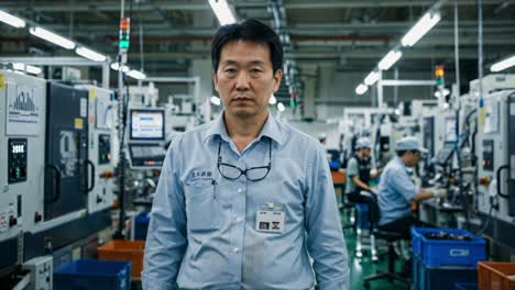 a dedicated factory worker stands confidently in the middle of a bustling assembly line. behind him, various machinery and workers are busy assembling products, highlighting a fast-paced industrial atmosphere. the worker, with glasses and a badge, reflects the commitment to quality and productivity