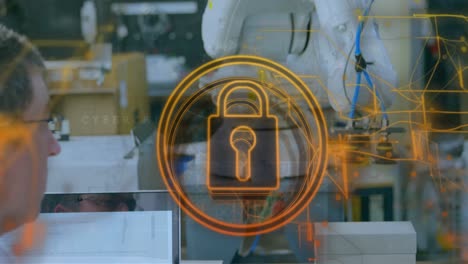 Animation-of-security-padlock-icon-and-light-trails-over-caucasian-male-engineer-working-at-factory