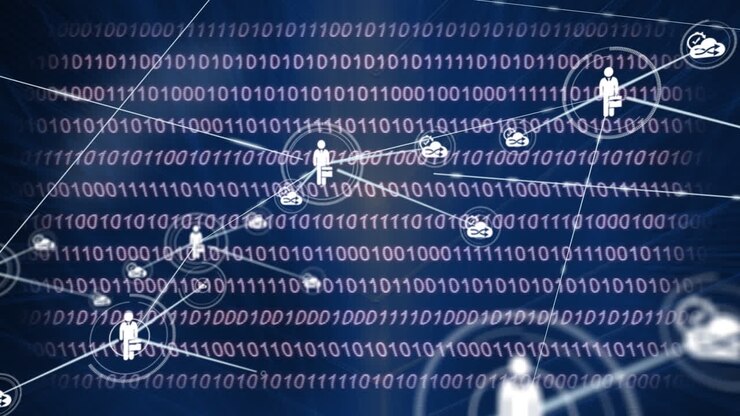 Animation of network of connection with icons over blue background with binary code