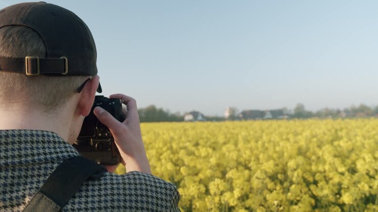 Rear shot of a man taking pictures of yellow blooming rape field in nature during sunny day