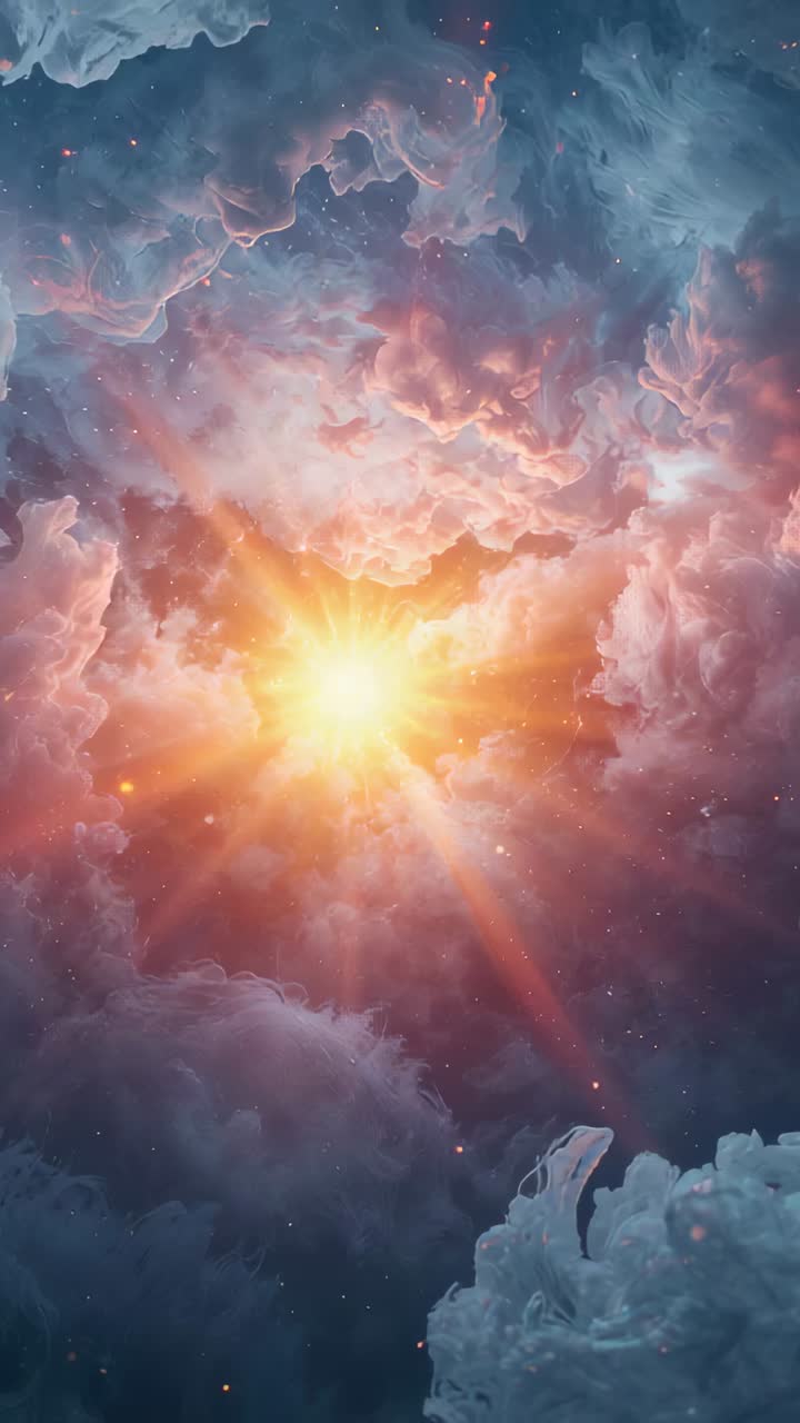 Vertical video: Flicker causing pulsing core casting rays in nebula, sending sparks, exposing void