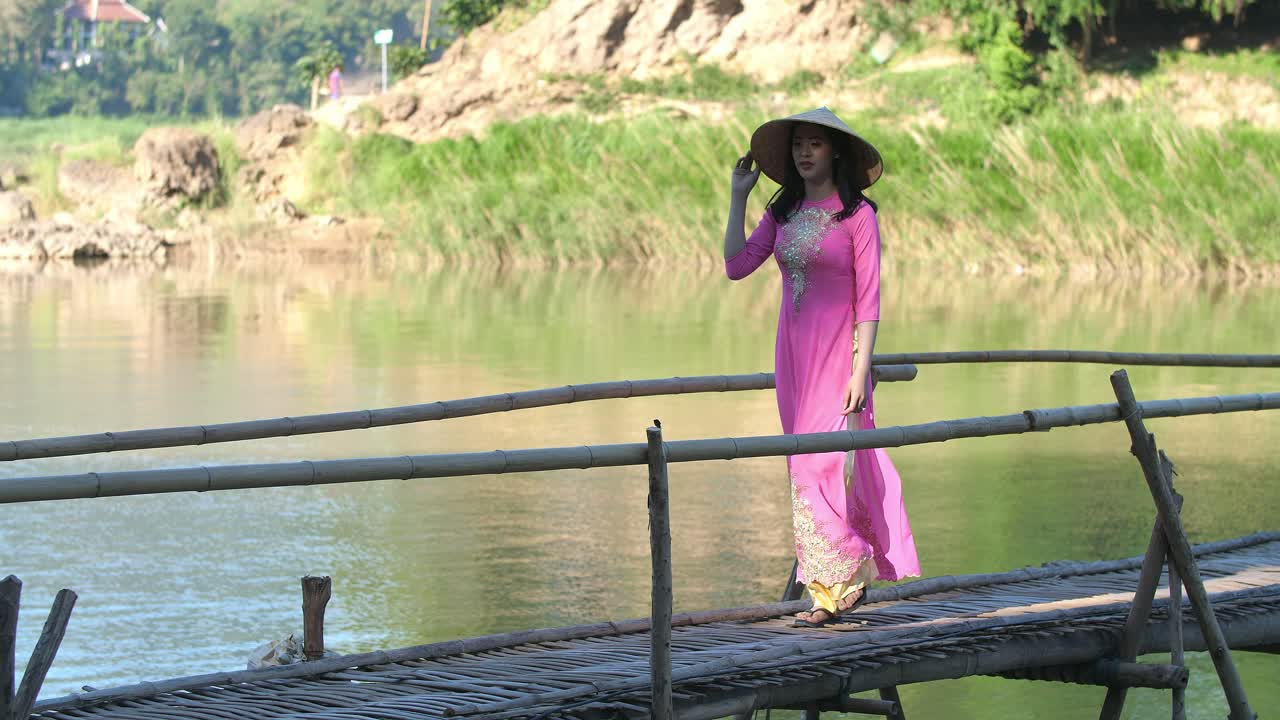 Vietnam Girl Walking On Bamboo Bridge, Video In 4K