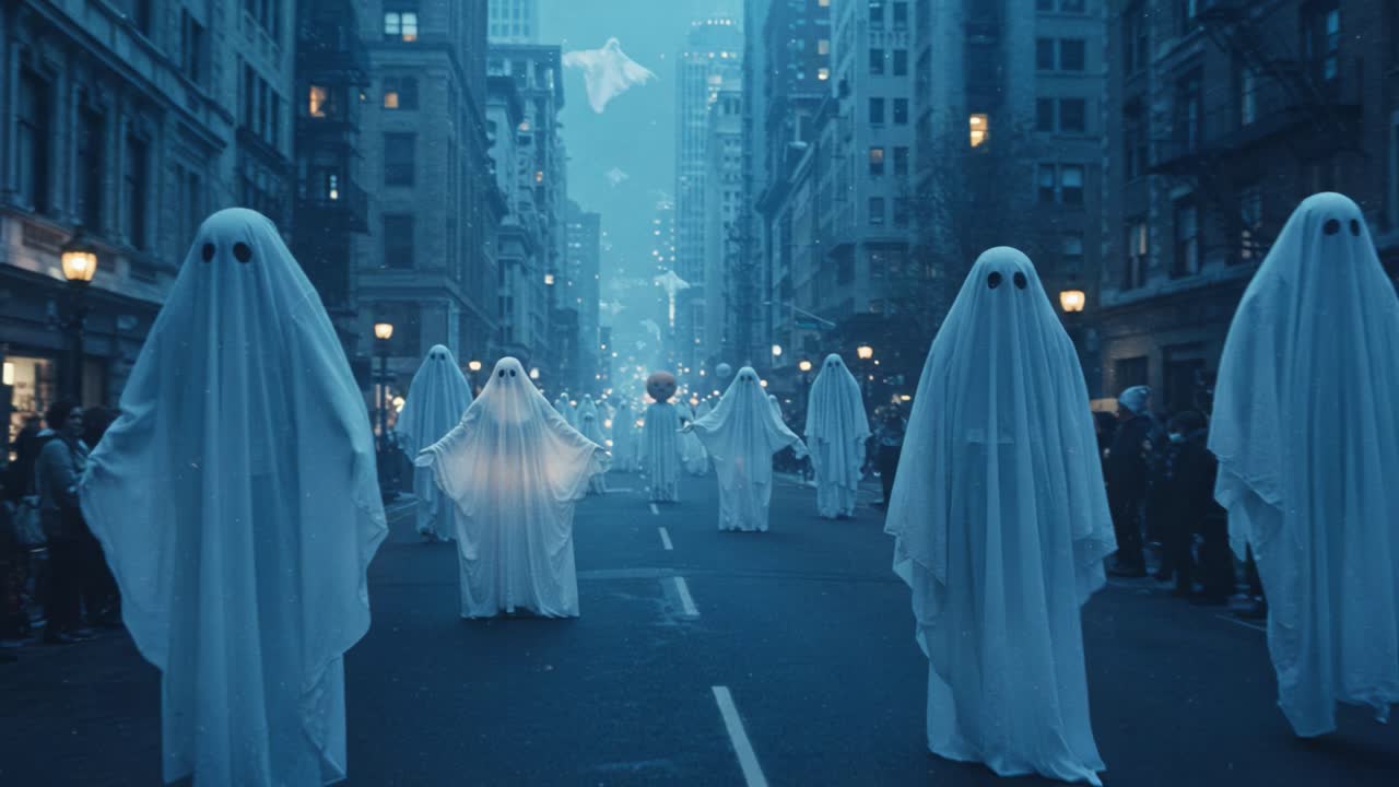 A Haunting Spectacle: Ghostly Figures Drape the City Streets in Ethereal White as They Move Gracefully Through the Urban Landscape in an Enigmatic Display of Spirit and Mystery