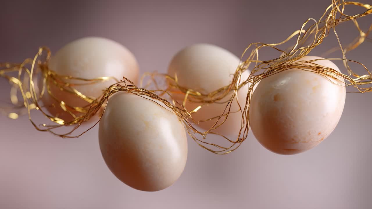 Elegant Display of Four Delicately Nestled Eggs Adorned with Shimmering Golden Twine, Captivating the Essence of Nature's Beauty and Serenity