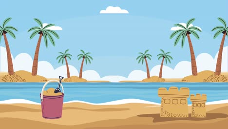 escena de playa con castillos de arena
