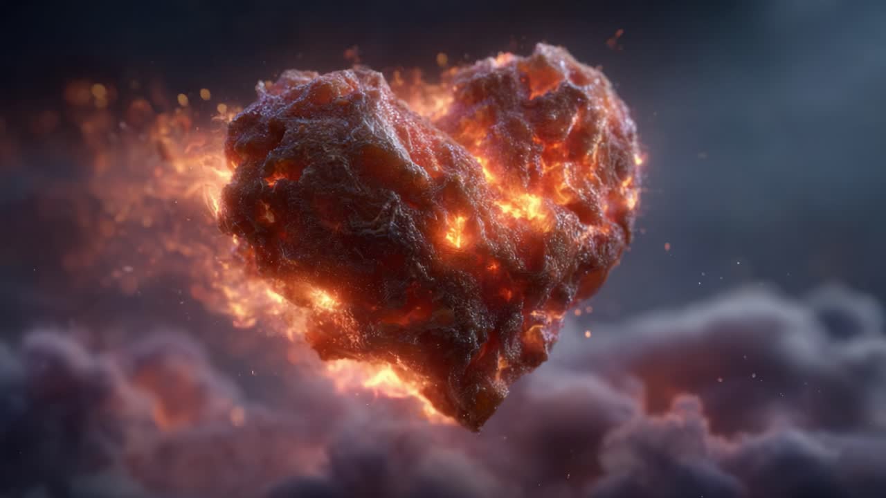A Captivating Transformation of a Fiery Heart: A Symbolic Representation of Passion and Intensity Evolving Through Turbulent Clouds in a Glowing Atmosphere