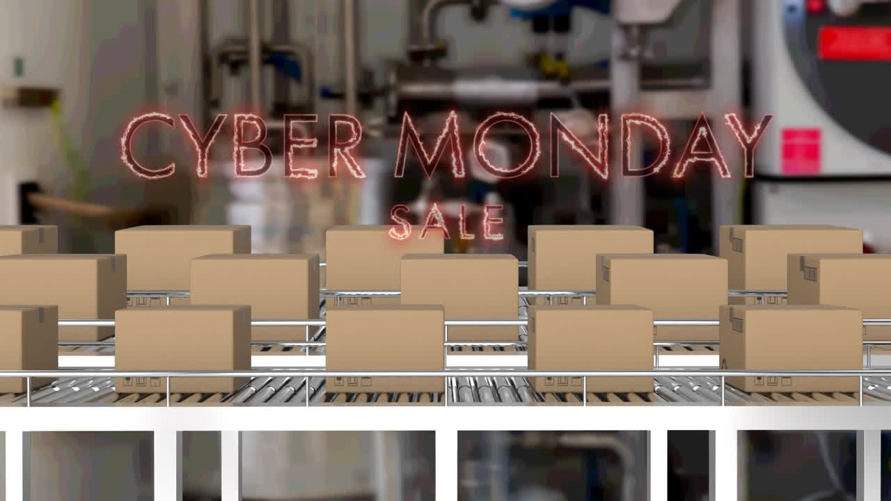컨베이어 벨트에 있는 카드보드 상자 위에 있는 사이버 월요일 판매 텍스트의 애니메이션