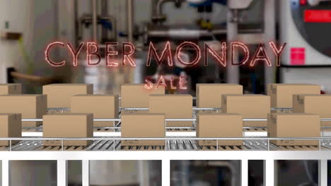 animación del texto de venta del lunes cibernético sobre cajas de cartón en cintas transportadoras