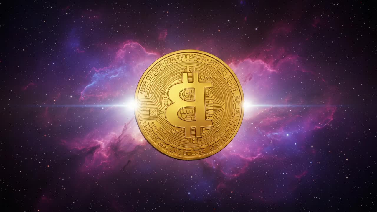 An Artistic Representation of Digital Currency: A Glimmering Bitcoin Surrounded by Cosmic Beauty in a Vast Space Landscape