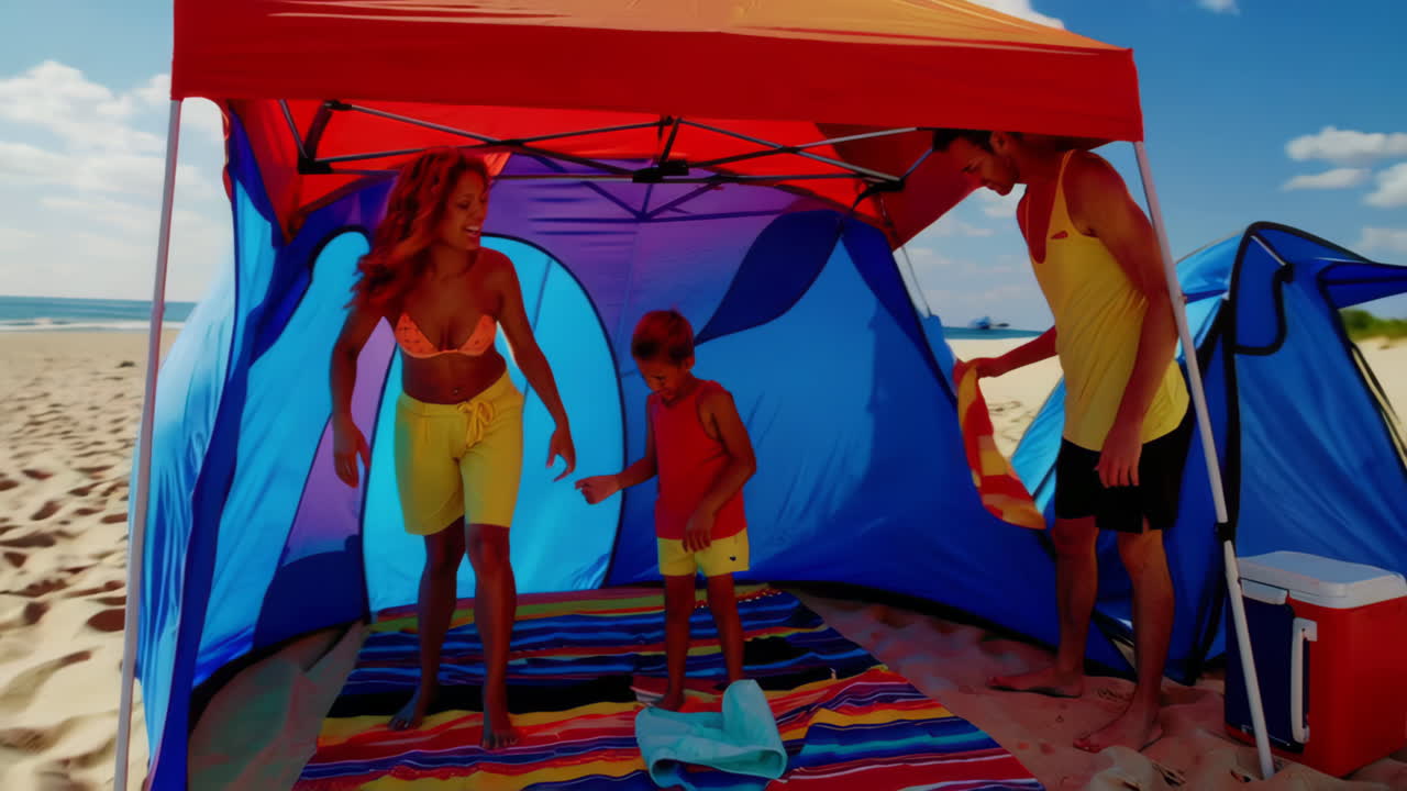 해변에서의 가족 즐거움