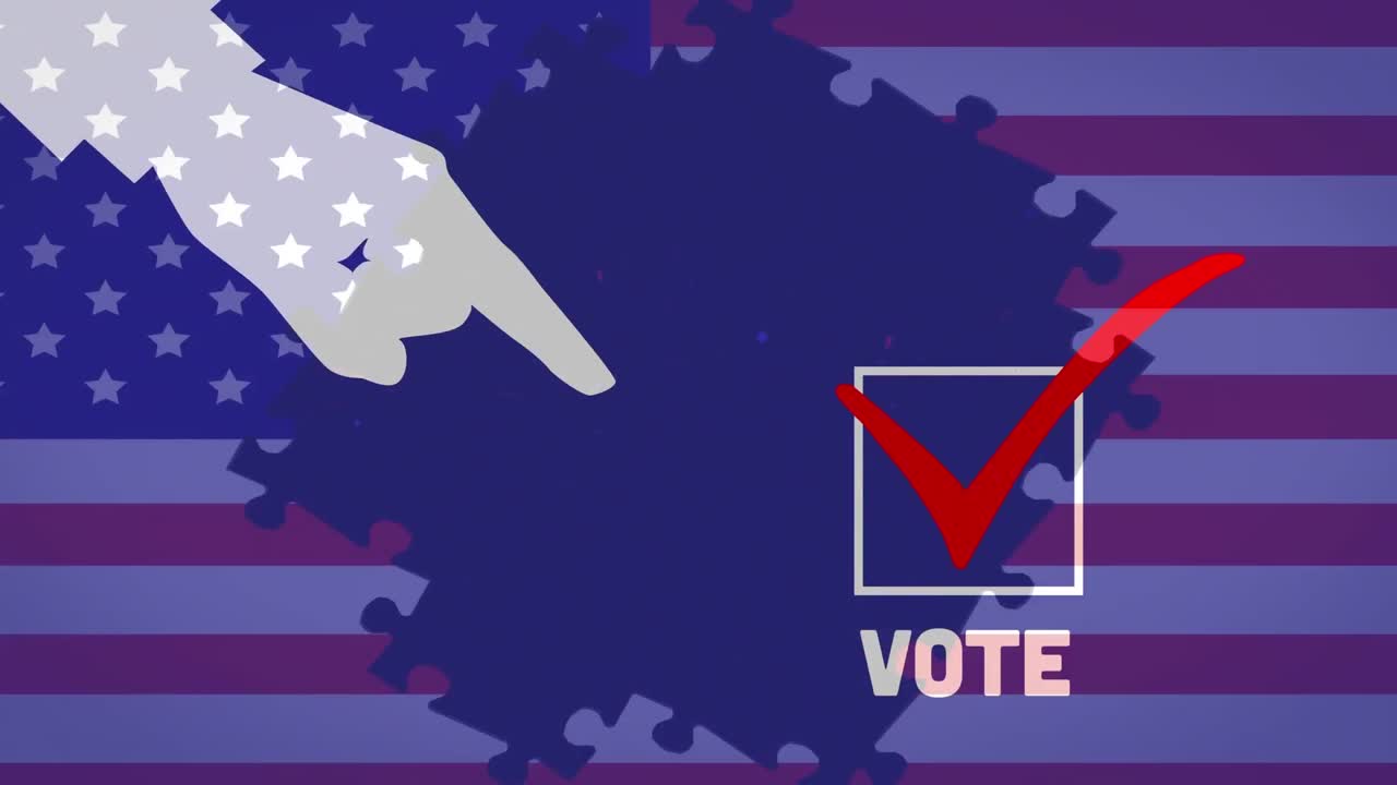 퍼즐 파이로 만든 미국  ⁇ 발 위에 틱과 단어 투표로  ⁇ 색 사각형을 가리키는 손의 애니메이션