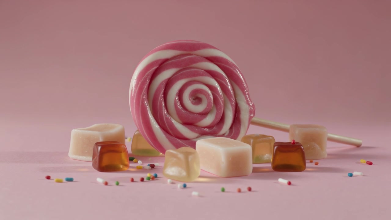 La telecamera inquadra un bastoncino di lecca-lecca rosa e bianco a spirale su un palco rosa per mostrare le codette di zucchero.