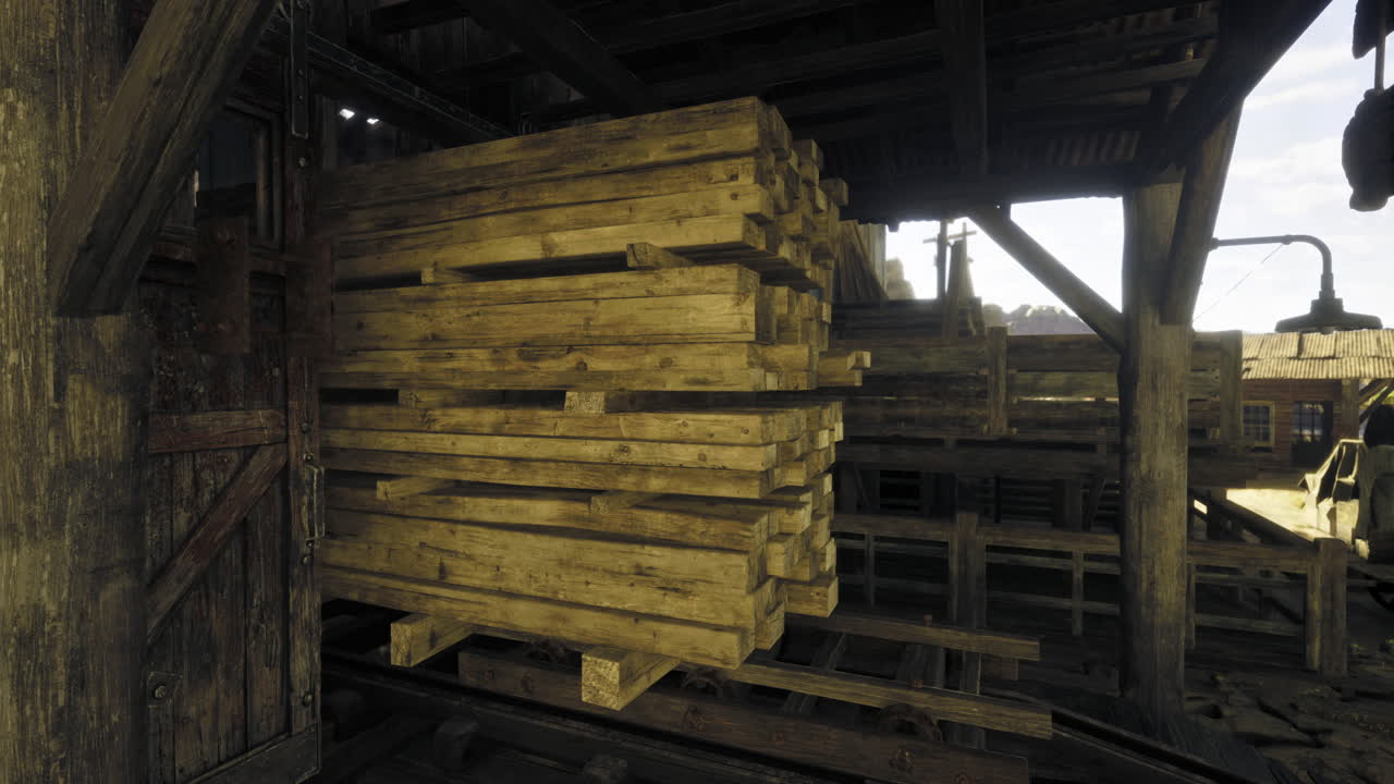 Wooden pallets stacked inside a rustic warehouse near a loading dock