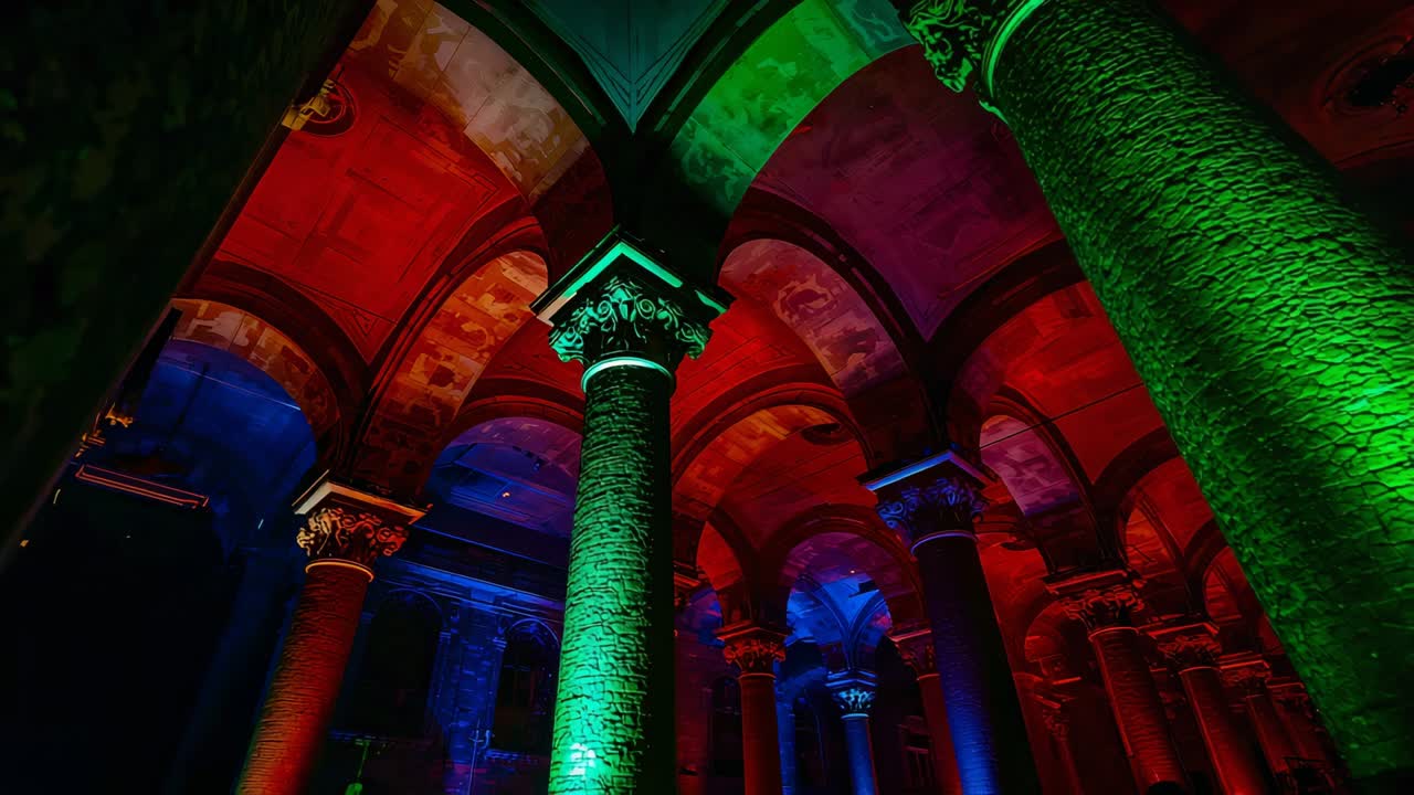 Tilting camera revealing stone column in chamber, showing ornate capitals and colored lighting