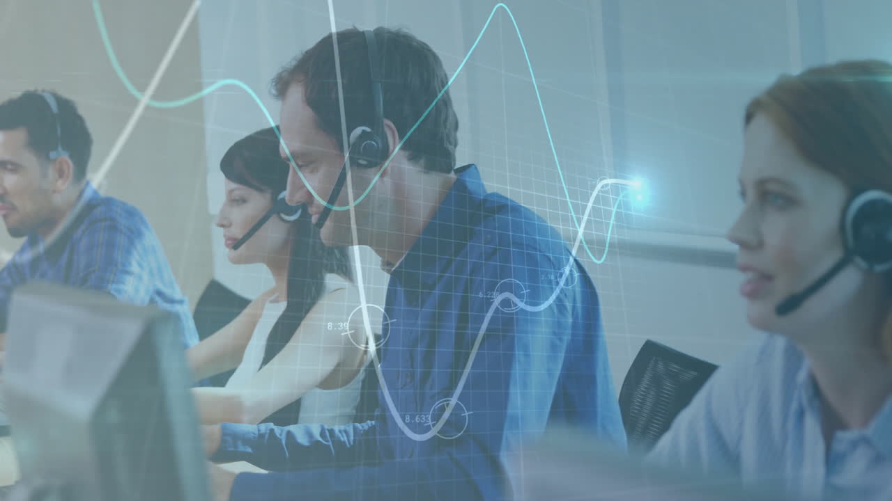 In office, customer service team analyzing data with animation overlay on screen