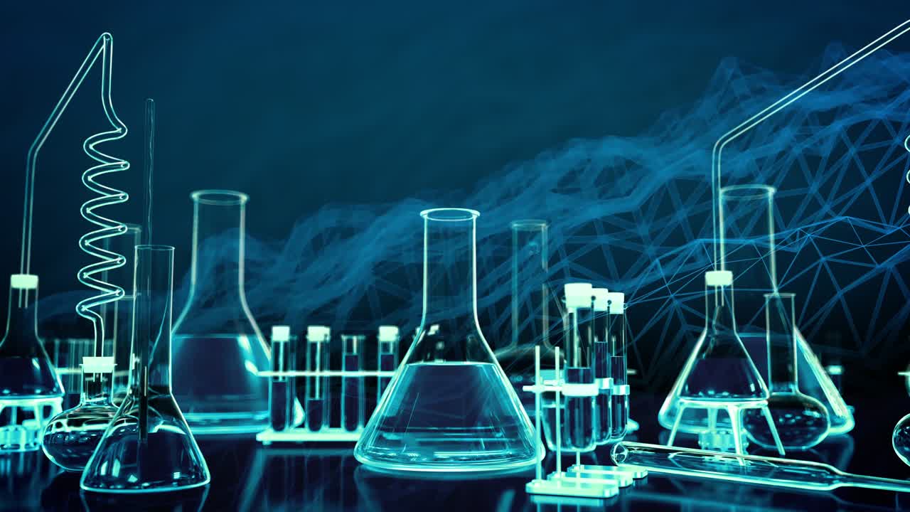 Proofs and other laboratory glassware scroll seamless loop on colorful background with digital effects, modern perfume industry concept - 60FPS 4K UHD 3D loopable animation