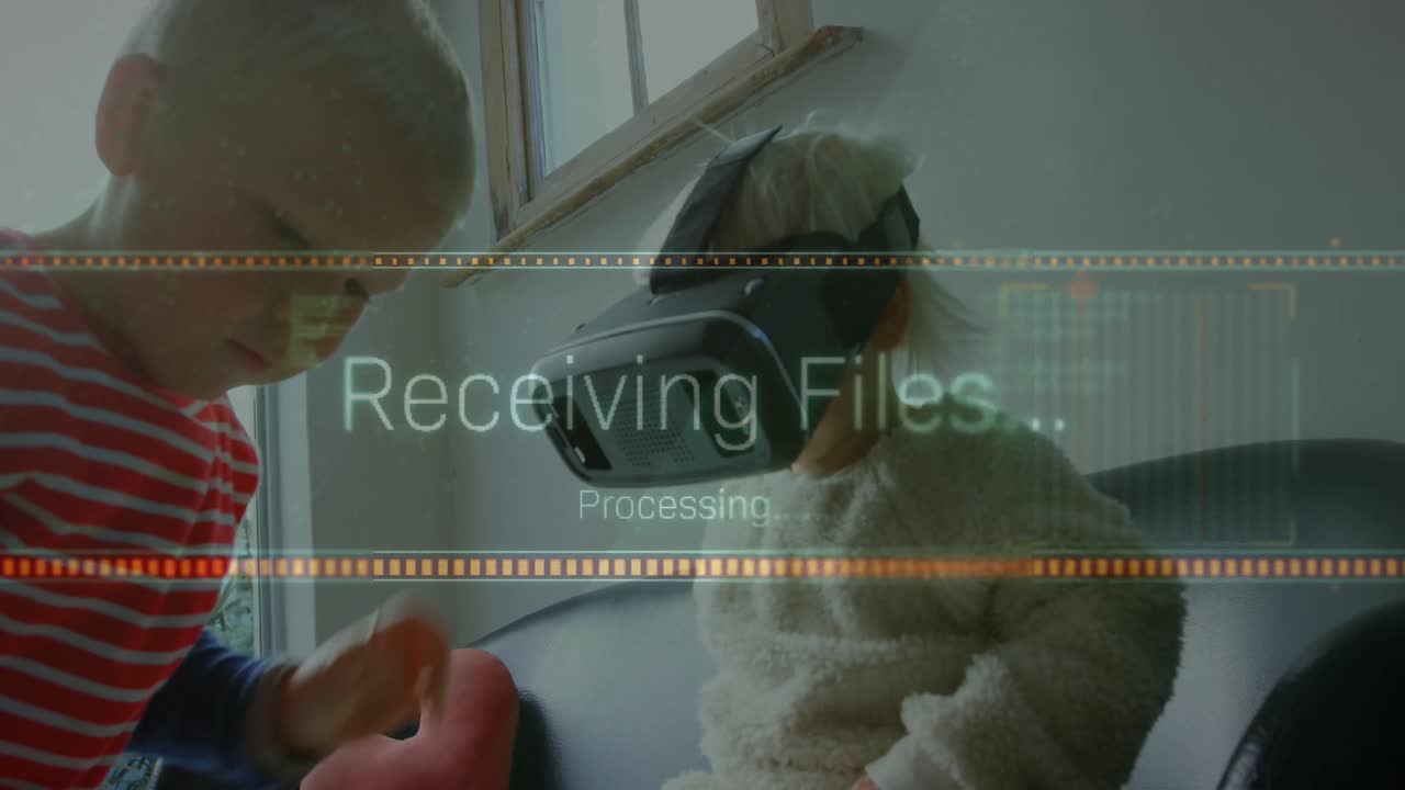 vr 헤드 ⁇ 을 착용한 인형과 놀고 있는 소년에 대한 데이터 처리 애니메이션