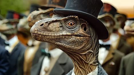 a group of dinosaurs wearing top hats and tuxedos