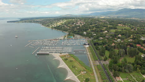 aerial shot towards marina docks on the lake geneva