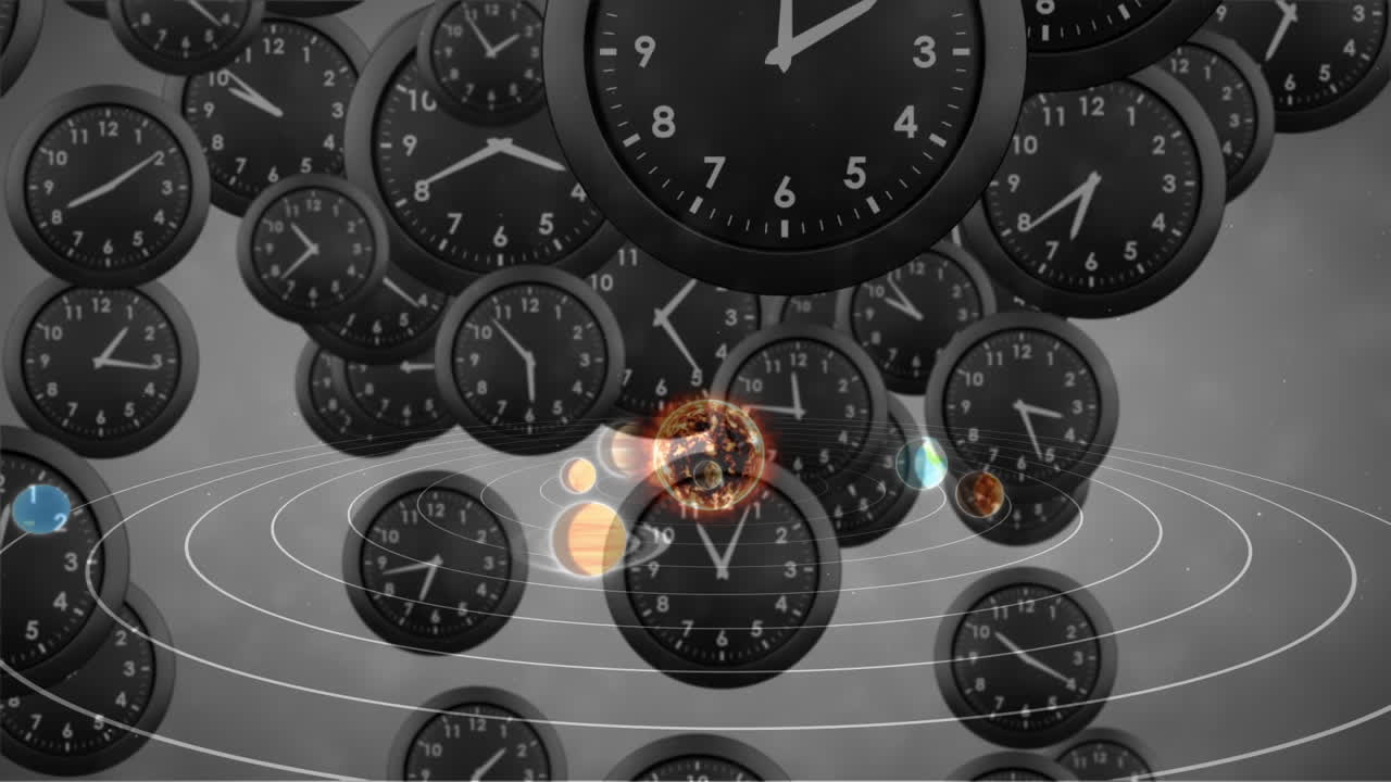 태양계, 행성 및 공간의 애니메이션 시계의 타이킹