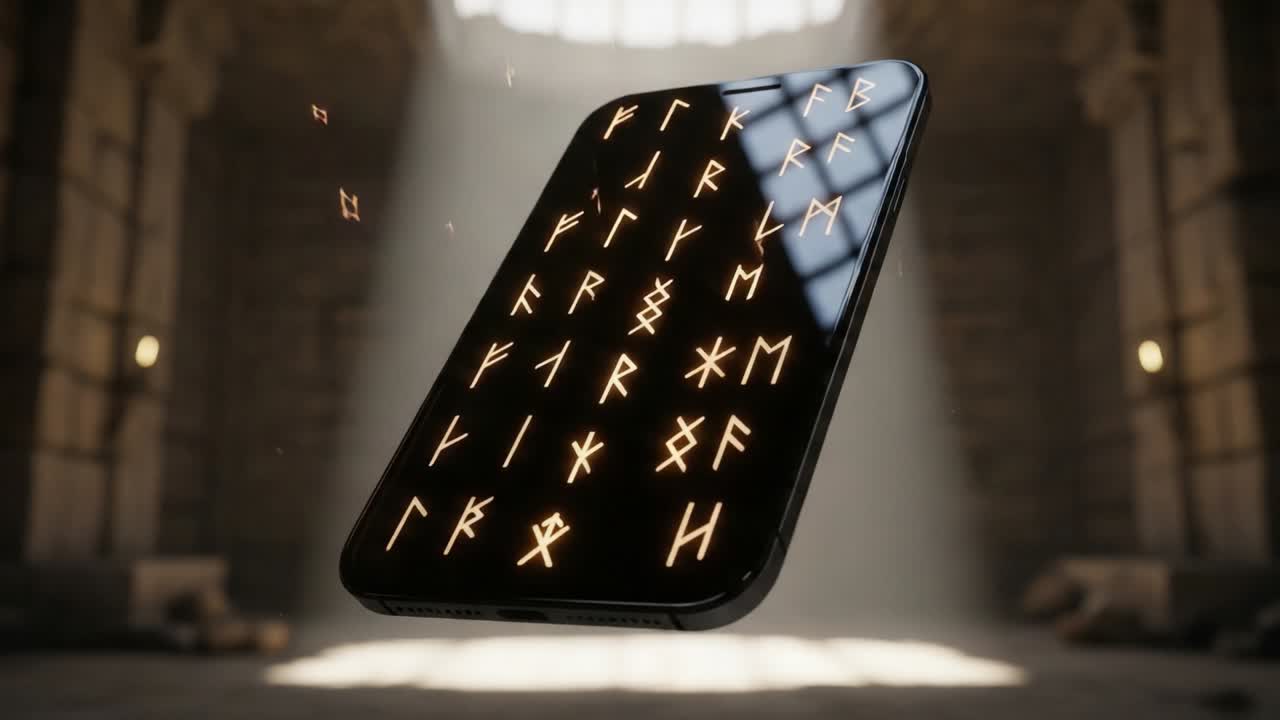 A Mystical Smartphone Displaying Ancient Runes in a Dimly Lit Enchanted Environment, Captured in Two Captivating Frames of a Video Sequence