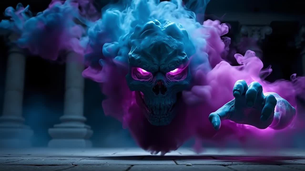 A skull with glowing eyes and a hand reaching out of a cloud of smoke