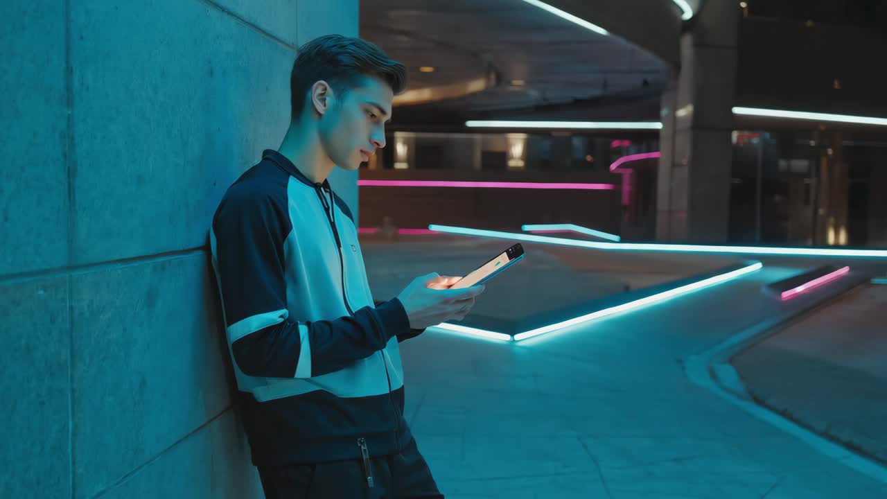 Young Man Using Smartphone in Neon Lit Urban Environment