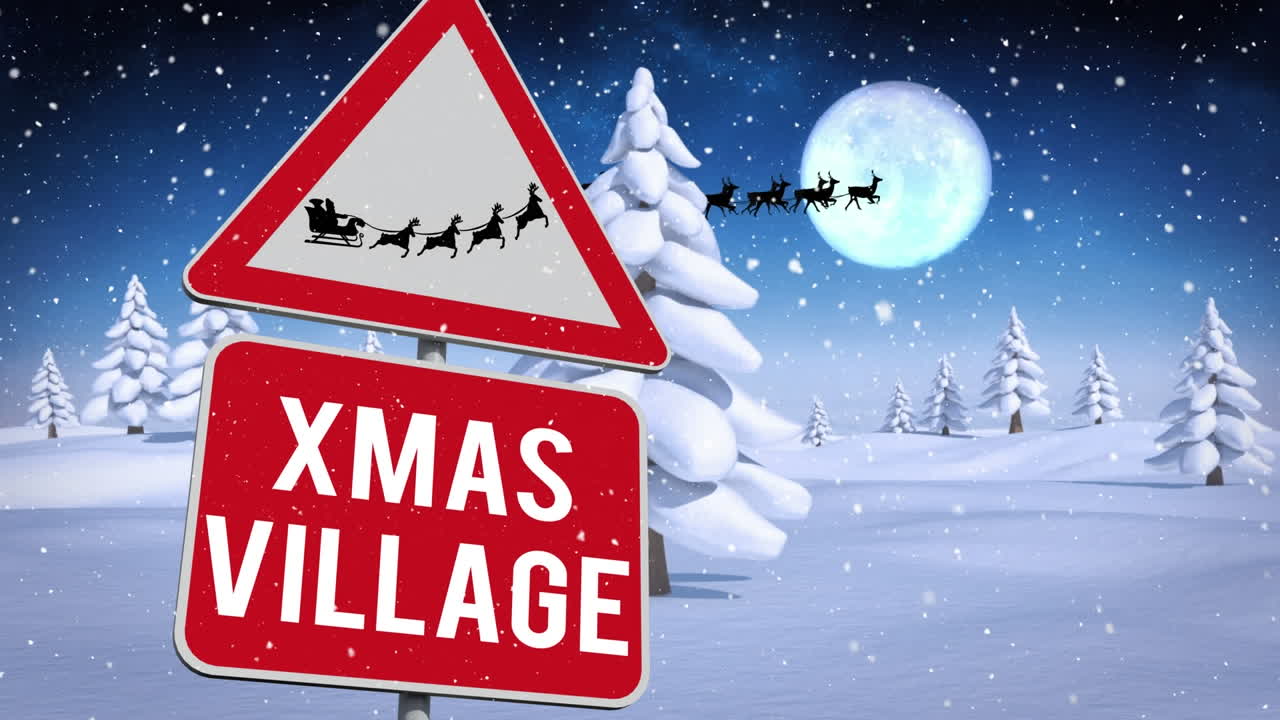 겨울 풍경에서 크리스마스 마을 텍스트와 함께 경고 노래를 부르는 눈의 애니메이션