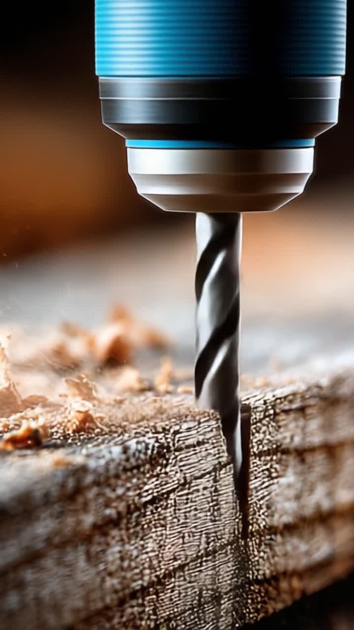 Uno sguardo ravvicinato a una punta da trapano di alta qualità che perfora il legno, catturando le complessità del design degli utensili e delle tecniche di lavorazione del legno in azione