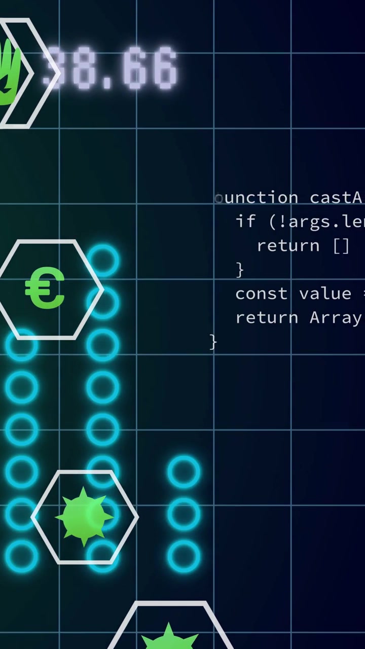 Vertical video: Values changing, green hand moving, nodes pulsing, code scrolling, showing metrics