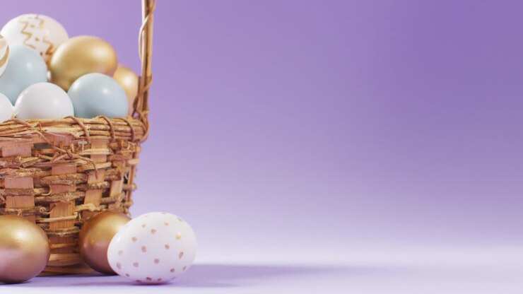 Basket with colorful easter eggs on purple background with copy space