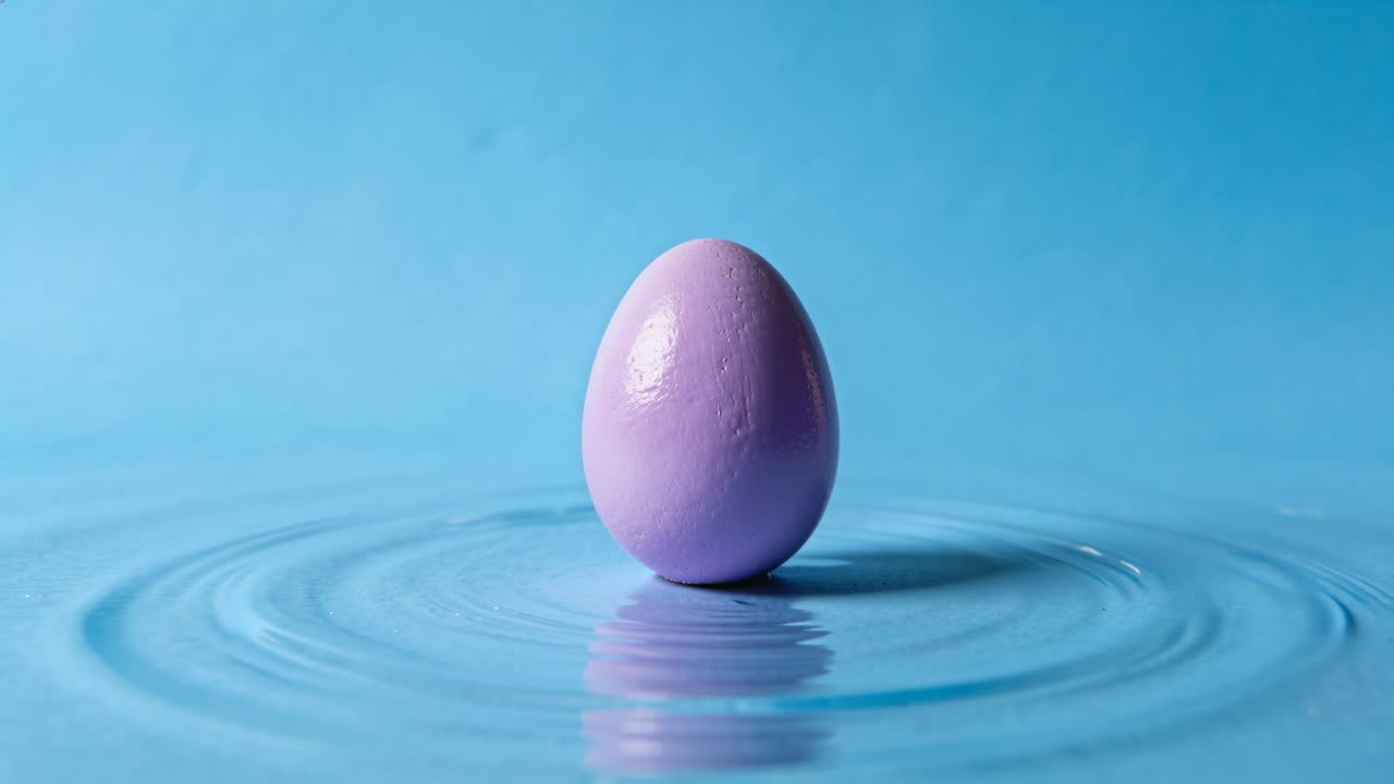 Vertical video: Initial ripple expanding outward around purple egg upright on blue water for design