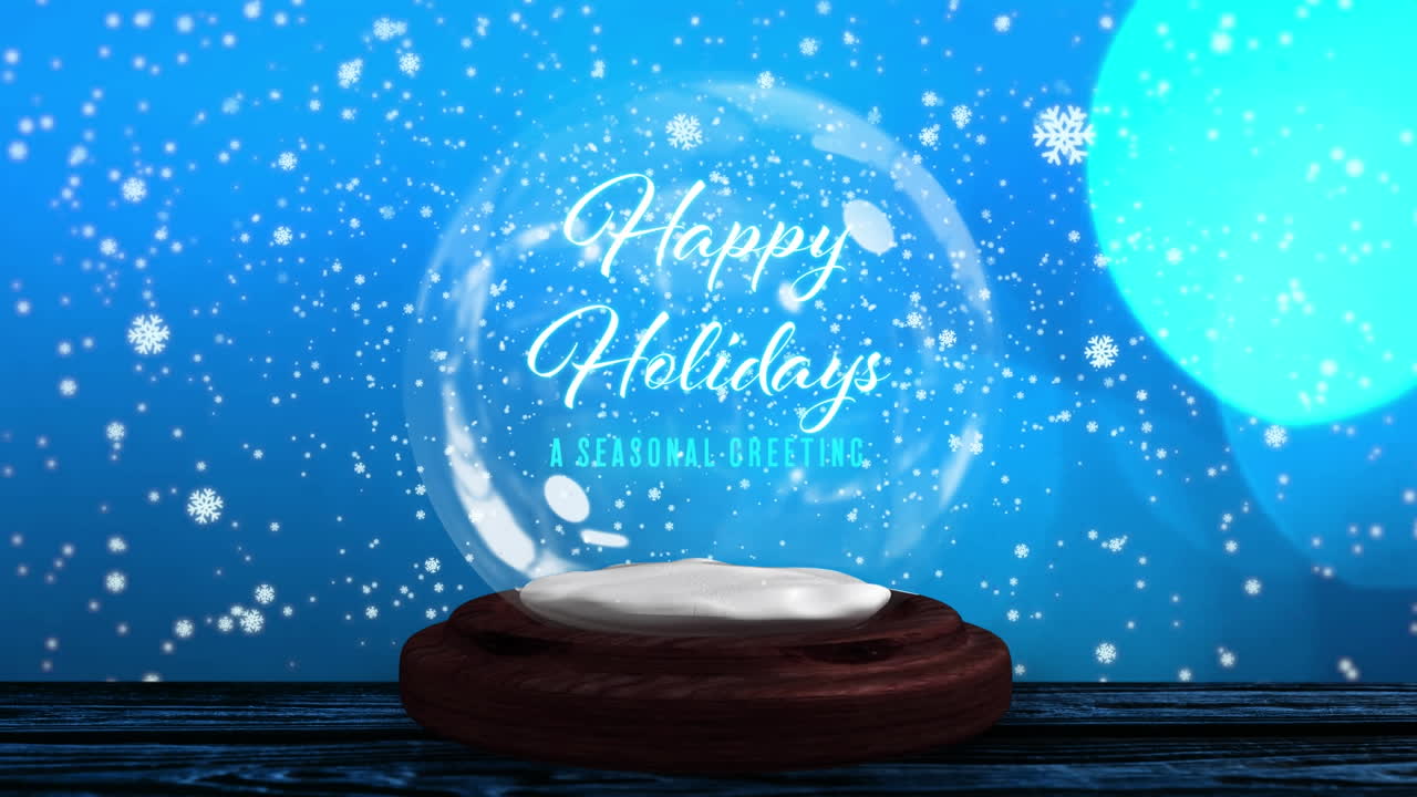 파란색 배경에 행복한 휴일과 함께 눈송이, 떨어지는 별 및 눈공의 애니메이션