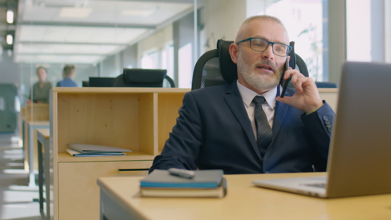 Senior Businessman Talking on Cell Phone in Office
