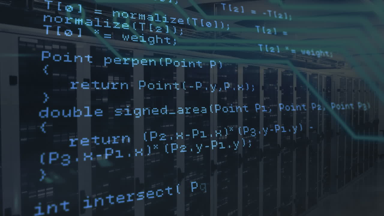 Animation of data processing in blue over servers