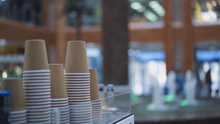 Paper cups on cafe display against fountain in shopping mall