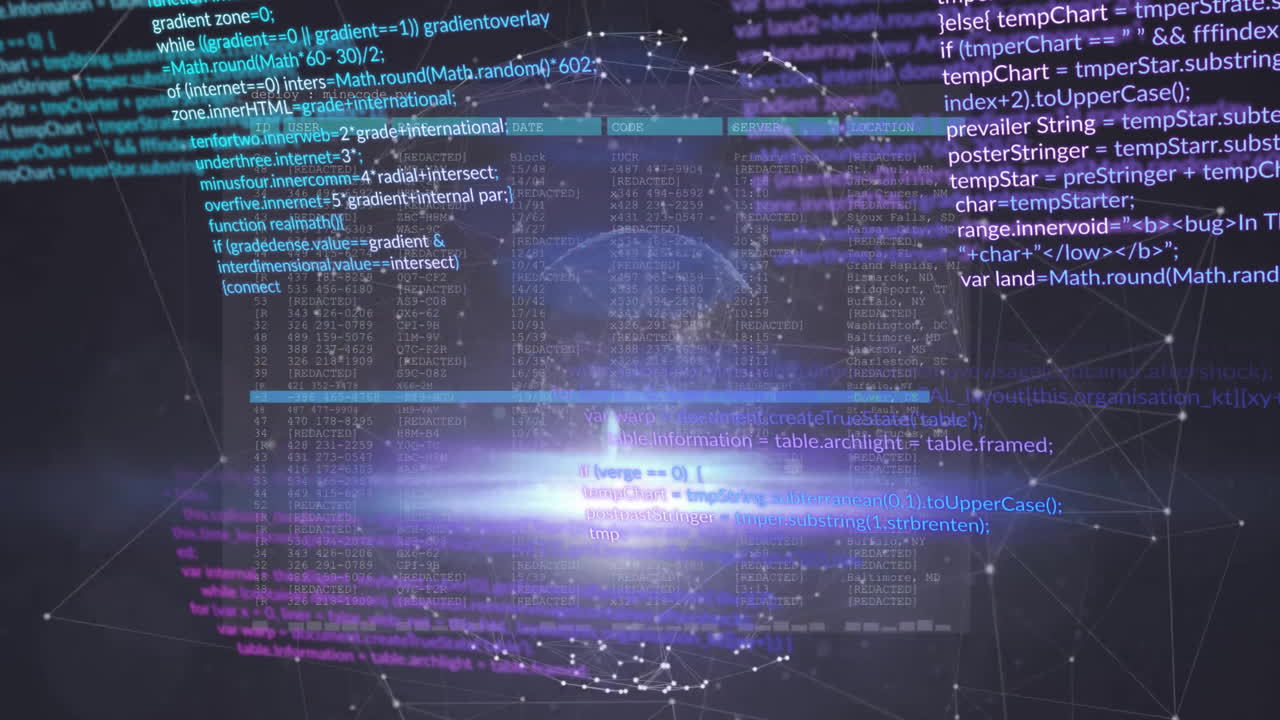 Animation of data processing over network of connections and light trails on black background