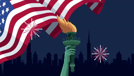 usa flag and liberty statue torch