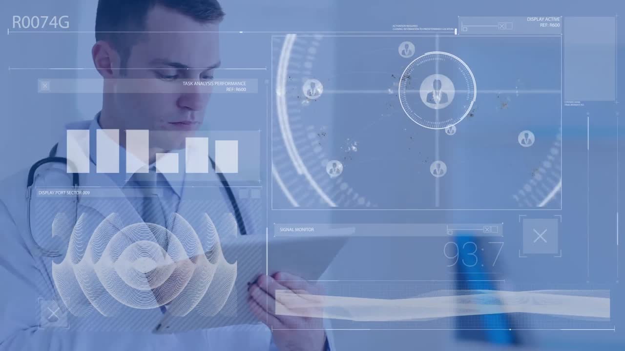 Animation of data processing over caucasian male doctor