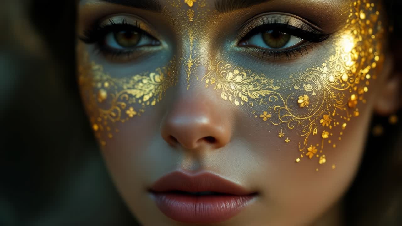 Golden makeup highlighting model's artistic floral beauty, capturing contemporary cosmetic styling with intricate design