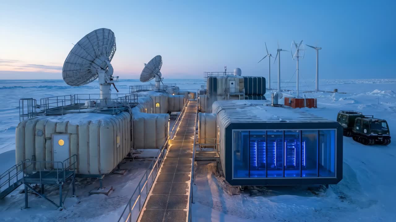 Fjerntliggende arktisk datasenter med parabolantenner og vindturbiner