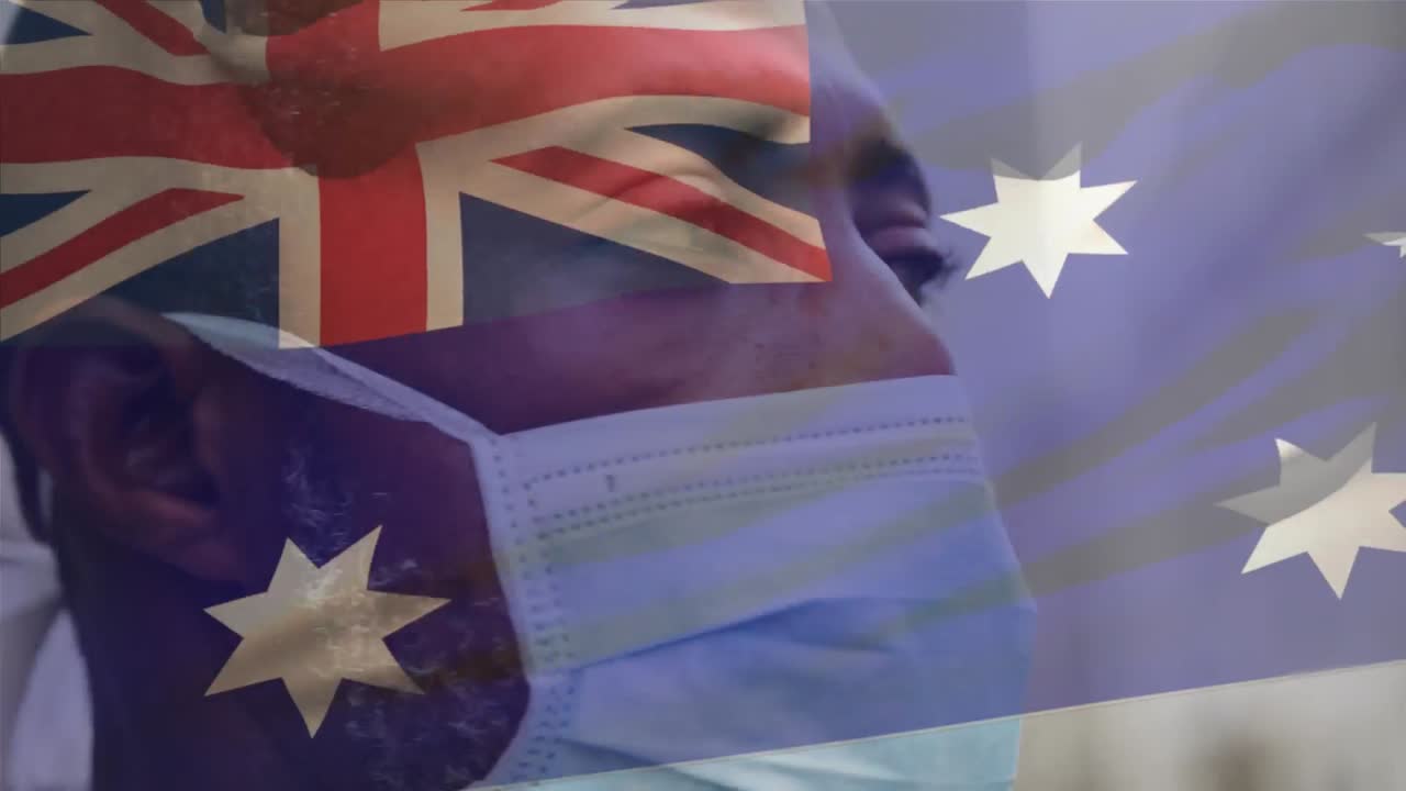 도시 거리에서 얼굴 마스크를 쓰고 있는 아프리카계 미국인 남자가 호주 국기를 흔들고 있는 애니메이션