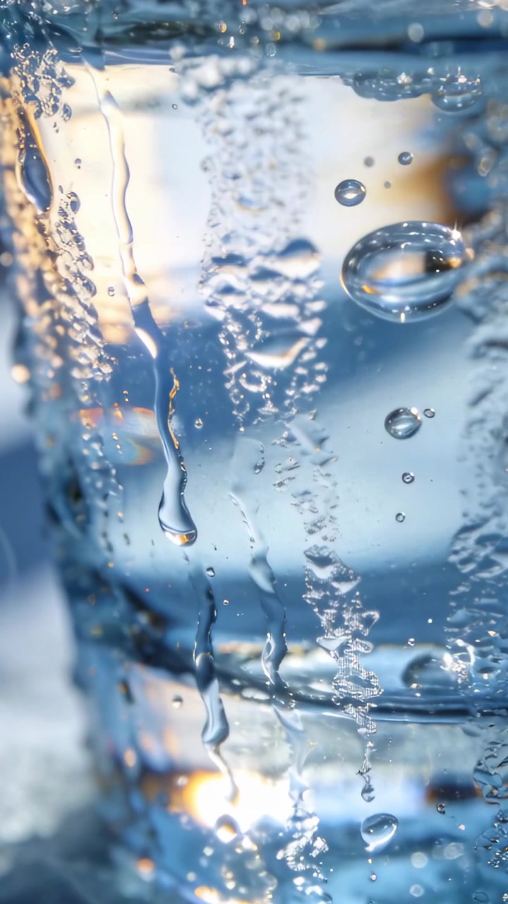 Video verticale: Rilascio di CO2, un bicchiere sul tavolo mostra bollicine che salgono nell'acqua frizzante, con rivoli.